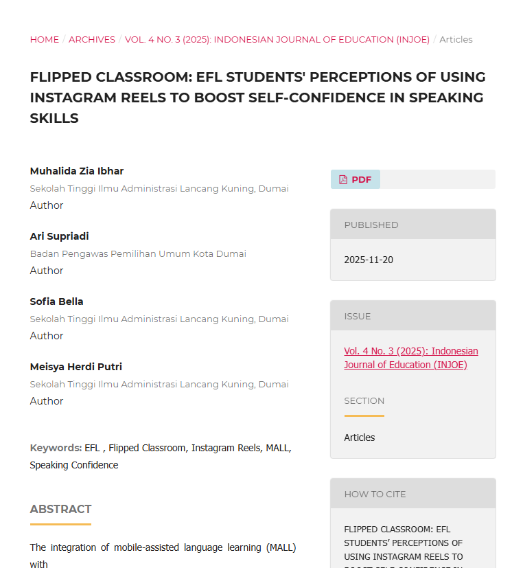 FLIPPED CLASSROOM: EFL STUDENTS' PERCEPTIONS OF USING INSTAGRAM REELS TO BOOST SELF-CONFIDENCE IN SPEAKING SKILLS