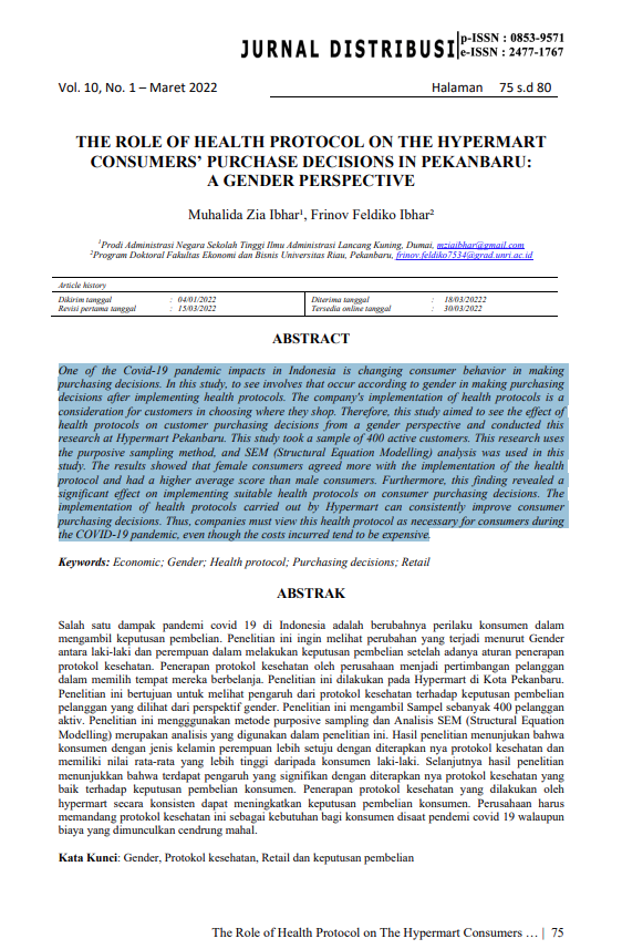 THE ROLE OF HEALTH PROTOCOL ON THE HYPERMART CONSUMERS’ PURCHASE DECISIONS IN PEKANBARU: A GENDER PERSPECTIVE